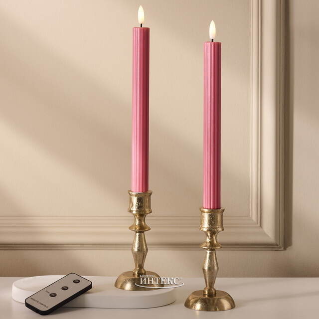 Столовая светодиодная свеча с имитацией пламени Softness 25 см розовая, 2 шт с пультом, таймер, на батарейках Koopman (Купман)