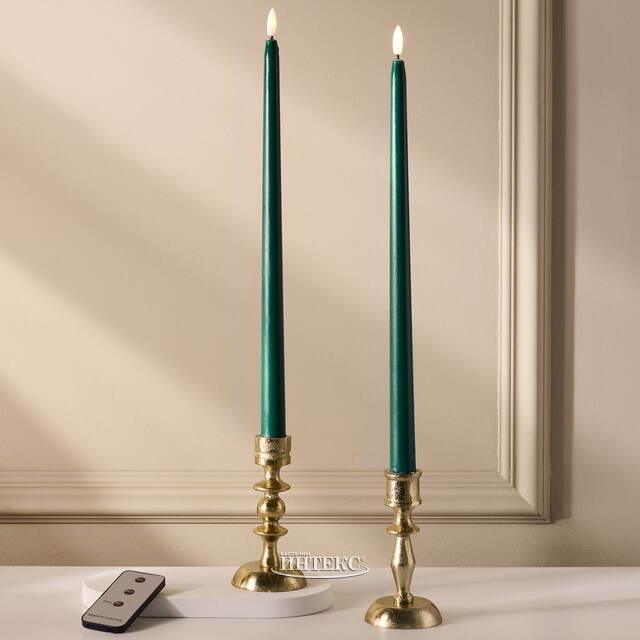 Столовая светодиодная свеча с имитацией пламени Romance 38 см темно-зеленая, 2 шт с пультом, таймер, на батарейках Koopman (Купман)