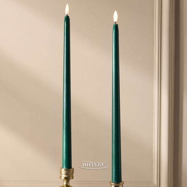 Столовая светодиодная свеча с имитацией пламени Romance 38 см темно-зеленая, 2 шт с пультом, таймер, на батарейках Koopman (Купман)