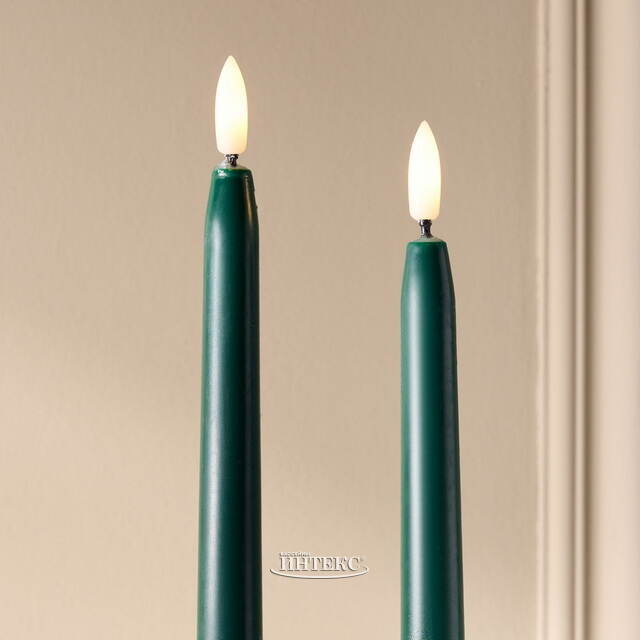 Столовая светодиодная свеча с имитацией пламени Romance 38 см темно-зеленая, 2 шт с пультом, таймер, на батарейках Koopman (Купман)
