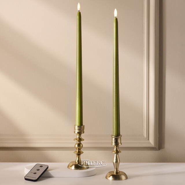 Столовая светодиодная свеча с имитацией пламени Романтика 38 см оливковая, 2 шт с пультом, таймер, на батарейках Koopman (Купман)