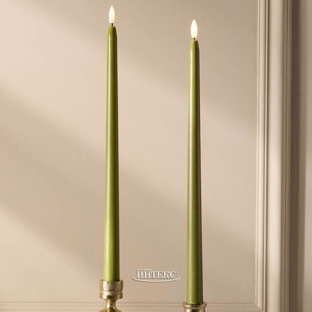 Столовая светодиодная свеча с имитацией пламени Романтика 38 см оливковая, 2 шт с пультом, таймер, на батарейках Koopman (Купман)