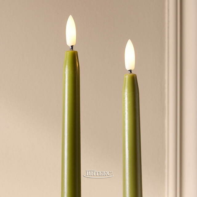 Столовая светодиодная свеча с имитацией пламени Романтика 38 см оливковая, 2 шт с пультом, таймер, на батарейках Koopman (Купман)