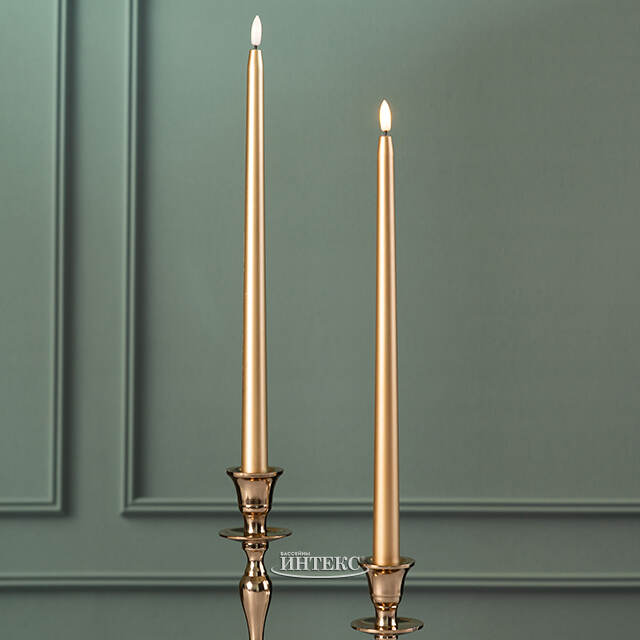 Столовая светодиодная свеча с имитацией пламени Romance 38 см золотая, 2 шт с пультом, таймер, на батарейках Koopman (Купман)
