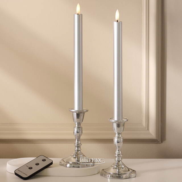 Столовая светодиодная свеча с имитацией пламени Sunrise 25 см серебряная, 2 шт с пультом, таймер, на батарейках Koopman (Купман)