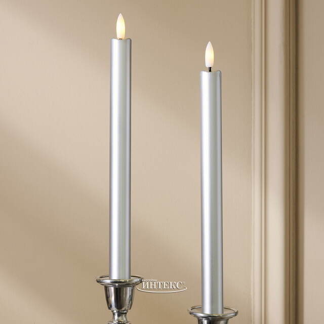 Столовая светодиодная свеча с имитацией пламени Sunrise 25 см серебряная, 2 шт с пультом, таймер, на батарейках Koopman (Купман)