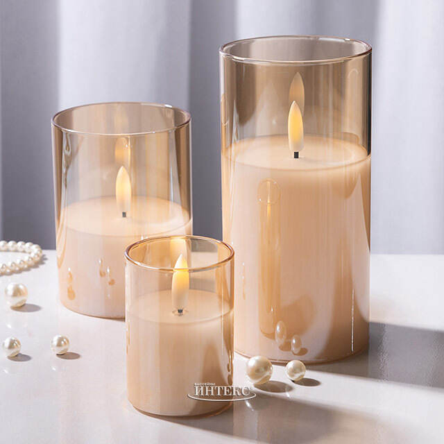 Светодиодная свеча с имитацией пламени Матфен 15 см янтарная, стекло, на батарейках, таймер Koopman (Купман)