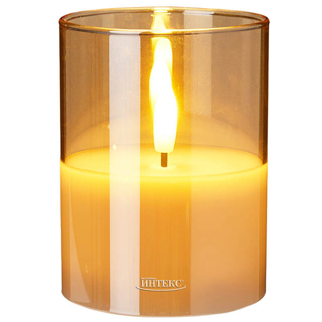 Светодиодная свеча с имитацией пламени Матфен 10 см янтарная, стекло, на батарейках, таймер Koopman (Купман)
