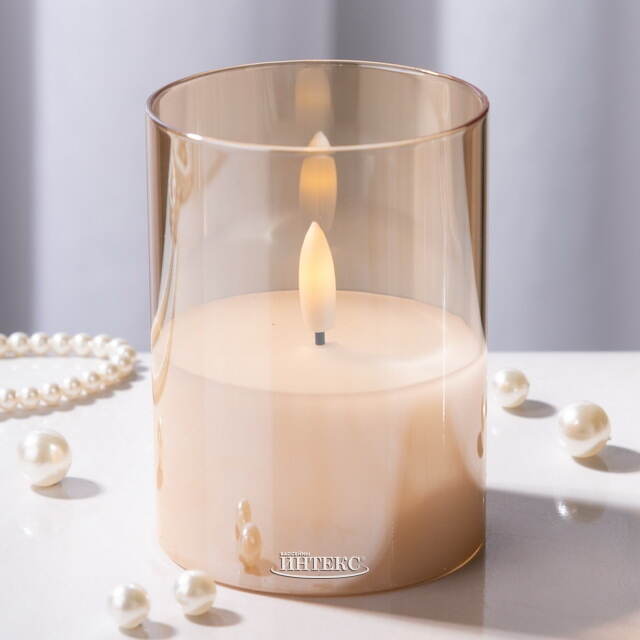 Светодиодная свеча с имитацией пламени Матфен 10 см янтарная, стекло, на батарейках, таймер Koopman (Купман)