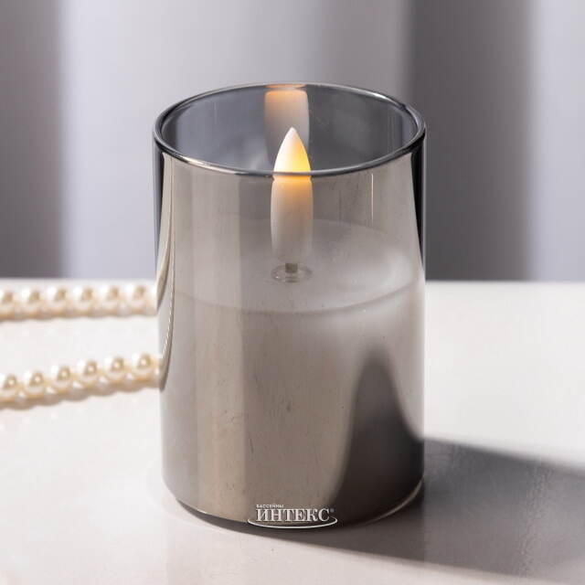 Светодиодная свеча с имитацией пламени Матфен 7 см дымчатая, стекло, на батарейках, таймер Koopman (Купман)