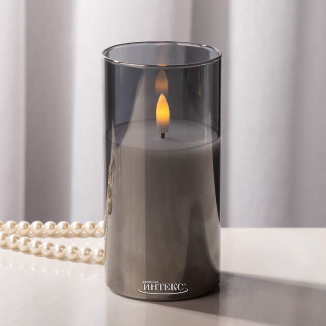 Светодиодная свеча с имитацией пламени Матфен 15 см дымчатая, стекло, на батарейках, таймер Koopman (Купман)