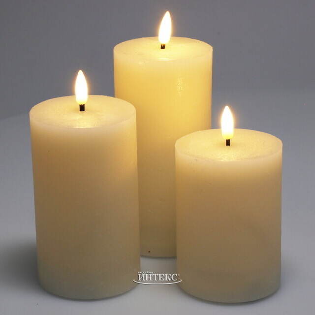 Набор светодиодных восковых свечей Рустик 10-15 см слоновая кость, мерцающее пламя, 3 шт, на батарейках, таймер Koopman (Купман)
