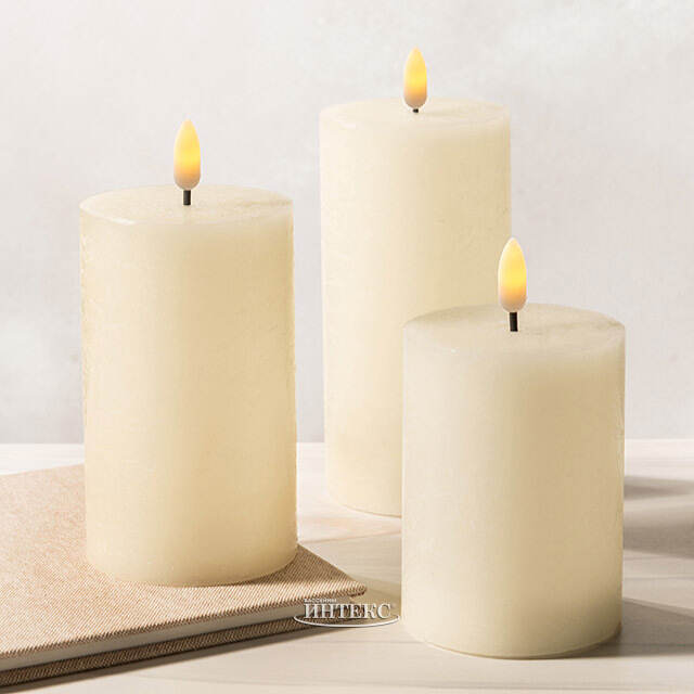 Набор светодиодных восковых свечей Рустик 10-15 см слоновая кость, мерцающее пламя, 3 шт, на батарейках, таймер Koopman (Купман)