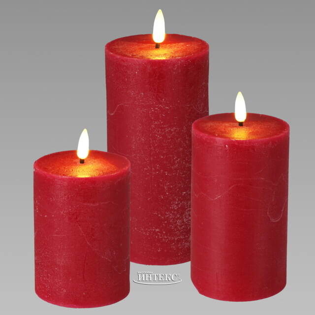 Набор светодиодных восковых свечей Rustic 10-15 см красный, мерцающее пламя, 3 шт, на батарейках, таймер Koopman (Купман)