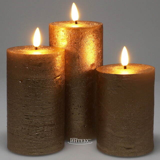 Набор светодиодных восковых свечей Rustic 10-15 см золотой, мерцающее пламя, 3 шт, на батарейках, таймер Koopman (Купман)