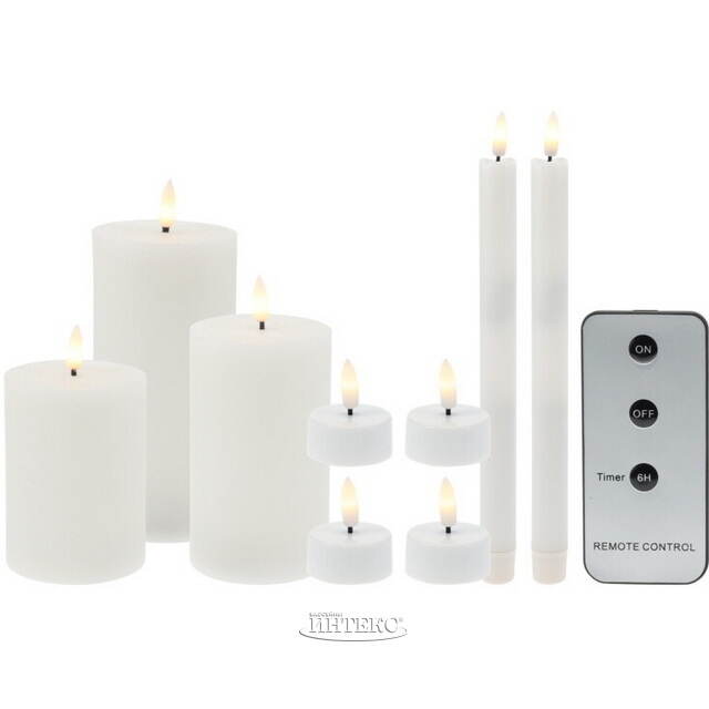 Набор светодиодных свечей Рустик Новел белый, мерцающее пламя, 9 шт, на батарейках, таймер, пульт Koopman (Купман)