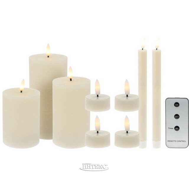 Набор светодиодных свечей Рустик Новел кремовый, мерцающее пламя, 9 шт, на батарейках, таймер, пульт Koopman (Купман)