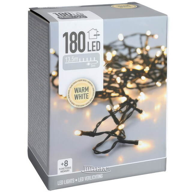 Светодиодная гирлянда Koopman Comfort 13.5 м, 180 теплых белых LED ламп, зеленый ПВХ, контроллер, таймер, IP44 Koopman (Купман)