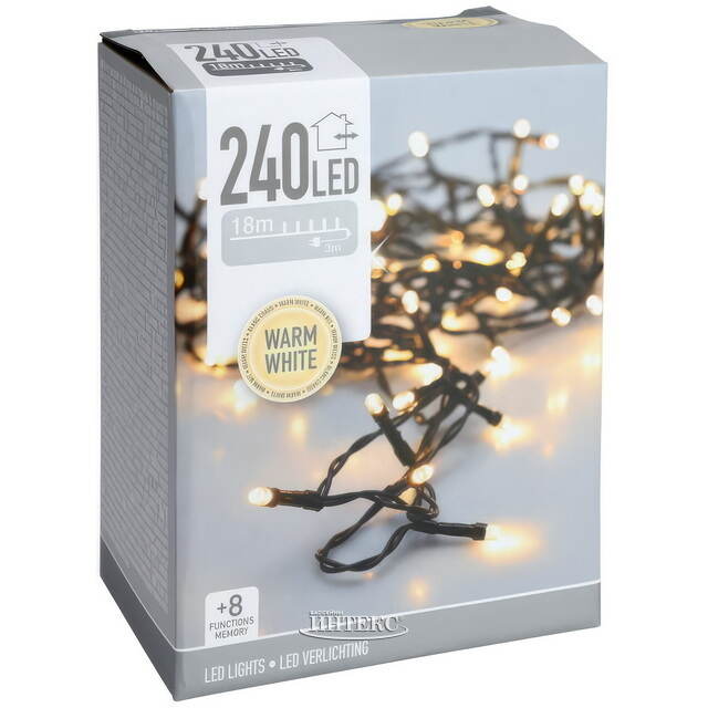 Светодиодная гирлянда Koopman Comfort 18 м, 240 теплых белых LED ламп, зеленый ПВХ, контроллер, таймер, IP44 Koopman (Купман)