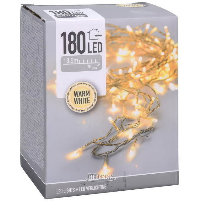 Светодиодная гирлянда Koopman Comfort 13.5 м, 180 теплых белых LED ламп, прозрачный ПВХ, контроллер, таймер, IP44 Koopman (Купман)