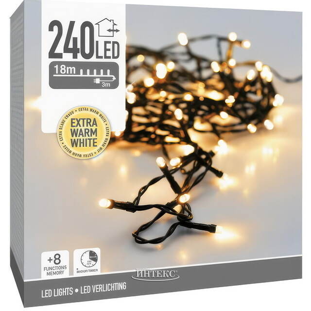 Светодиодная гирлянда Koopman Comfort 18 м, 240 экстра теплых белых LED ламп, зеленый ПВХ, контроллер, таймер, IP44 Koopman (Купман)