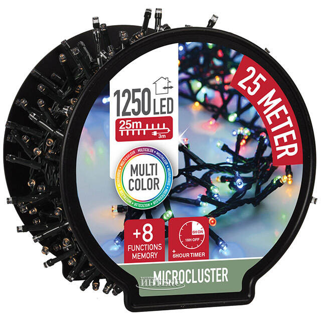 Гирлянда на катушке Koopman Snake Comfort Basic 25 м, 1250 разноцветных LED ламп, зеленый ПВХ, контроллер, таймер, IP44 Koopman