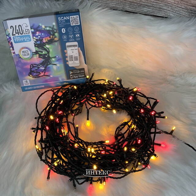 Светодиодная гирлянда Koopman Comfort 24 м, 240 разноцветных LED ламп, зеленый ПВХ, управление с телефона, контроллер, диммер, IP44 Koopman (Купман)