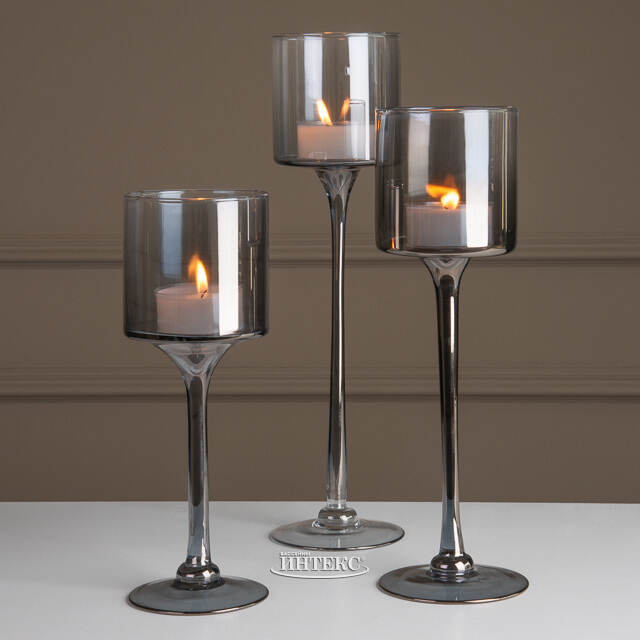 Набор стеклянных подсвечников - бокалов Iwein 25-35 см, 3 шт, дымчатый Koopman