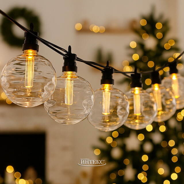 Гирлянда из лампочек Big Party Lights 5 м, 10 ламп, теплые белые LED, черный ПВХ, соединяемая, IP44 Winter Deco