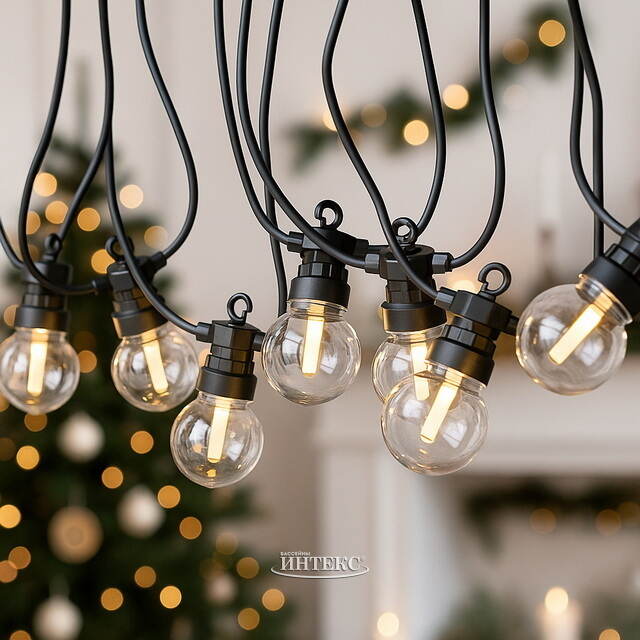 Гирлянда из лампочек Party Lights 10 м, 20 ламп, теплые белые LED, черный ПВХ, соединяемая, контроллер, IP44 Winter Deco