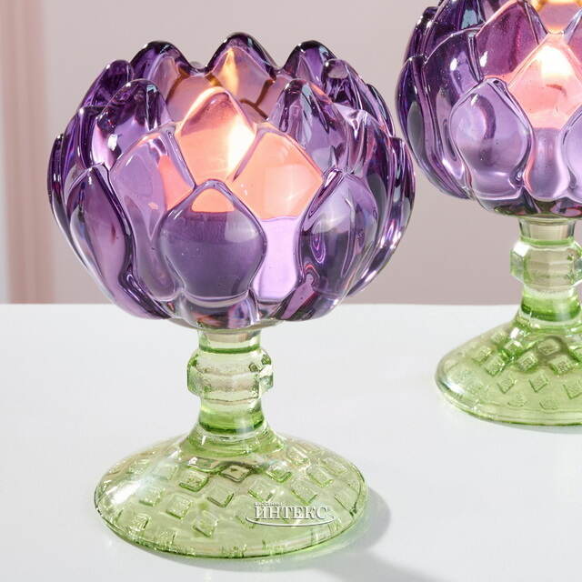 Стеклянный подсвечник-бокал Лотос Candele 11 см сиреневый Goodwill