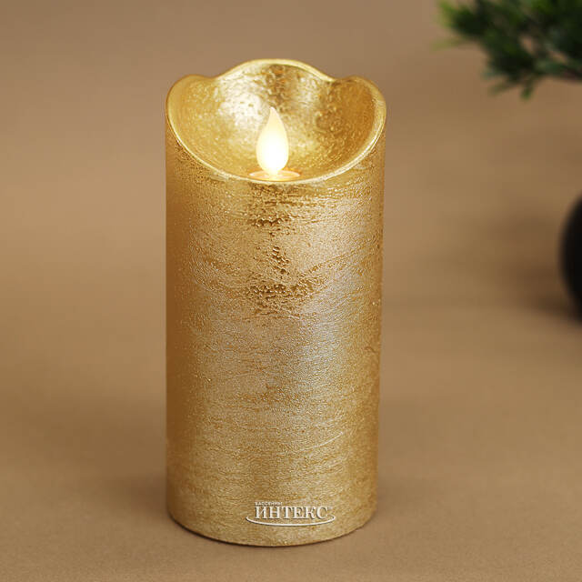 Светодиодная свеча Живое Пламя 15 см золотая восковая на батарейках, таймер Kaemingk