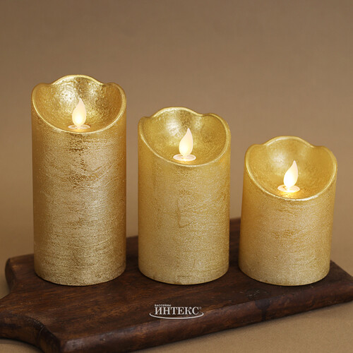 Светодиодная свеча Живое Пламя 10 см золотая восковая на батарейках, таймер Kaemingk