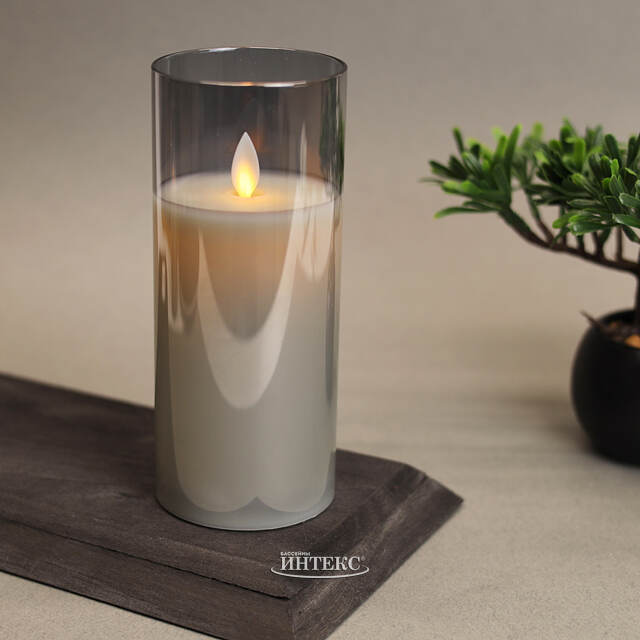 Светильник свеча восковая в колбе с живым пламенем Лацио 17.5 см дымчатая на батарейках Edelman