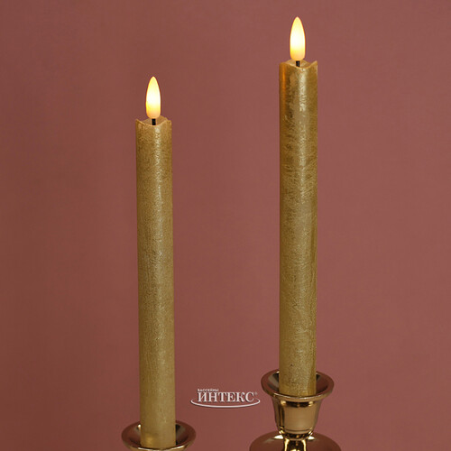 Столовая светодиодная свеча с имитацией пламени Стелла 24 см 2 шт золотая, на батарейках, таймер Kaemingk