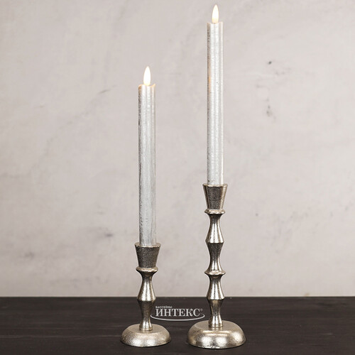 Столовая светодиодная свеча с имитацией пламени Стелла 24 см 2 шт серебряная, на батарейках, таймер Kaemingk
