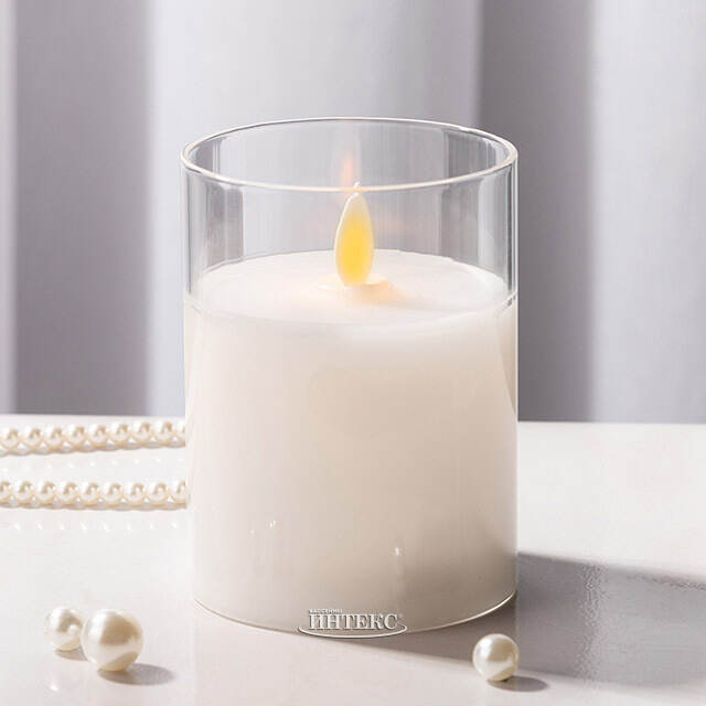 Светодиодная свеча с имитацией пламени Шанти в стакане 10 см белая Peha