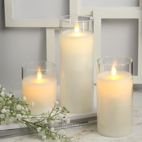 Светодиодная свеча с имитацией пламени Magic Flame в стакане 20 см белая на батарейках Peha