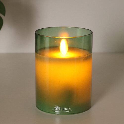 Светодиодная свеча с имитацией пламени Magic Flame в стакане 10 см зеленая Peha