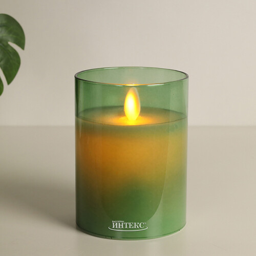 Светодиодная свеча с имитацией пламени Magic Flame в стакане 10 см зеленая Peha