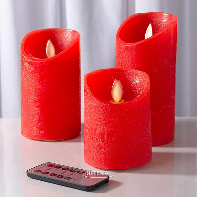 Набор восковых светодиодных свечей с имитацией пламени Magic Flame 11-15 см, 3 шт, с пультом, красные, на батарейках Peha