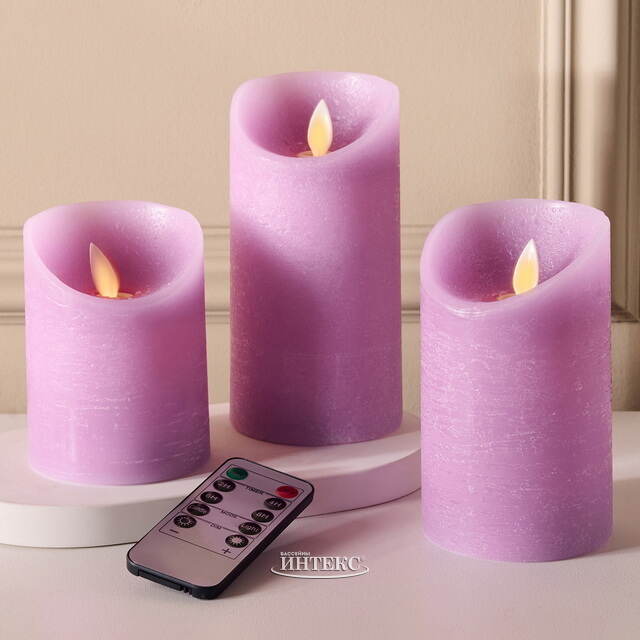 Набор свечей с имитацией пламени Шанти 10-15 см, 3 шт, с пультом управления, фиолетовые Peha (Пеха)