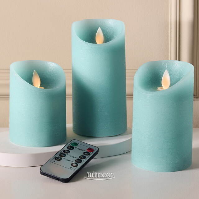 Набор свечей с имитацией пламени Ленорра Шанти 10-15 см, 3 шт, бирюзовые, с пультом управления Peha (Пеха)