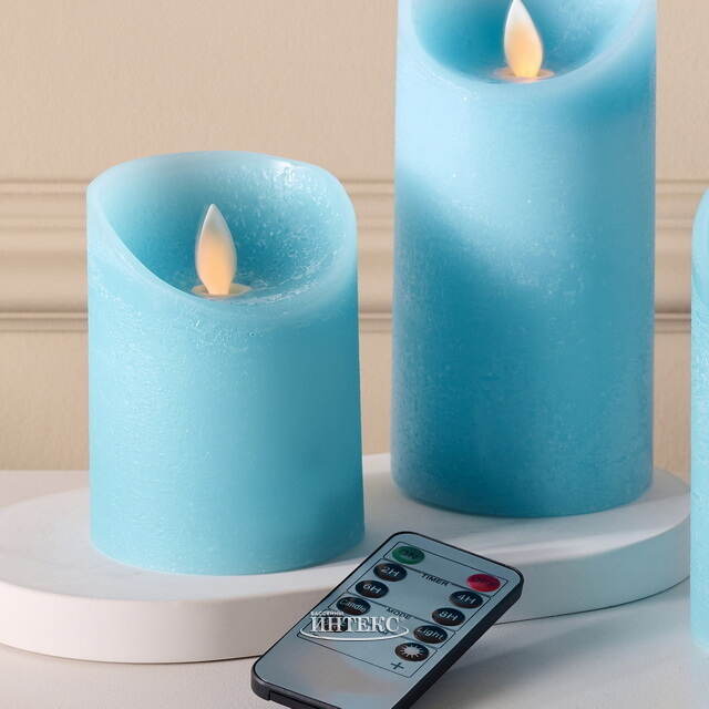 Набор свечей с имитацией пламени Ленорра Шанти 10-15 см, 3 шт, небесно-голубые, с пультом управления Peha (Пеха)