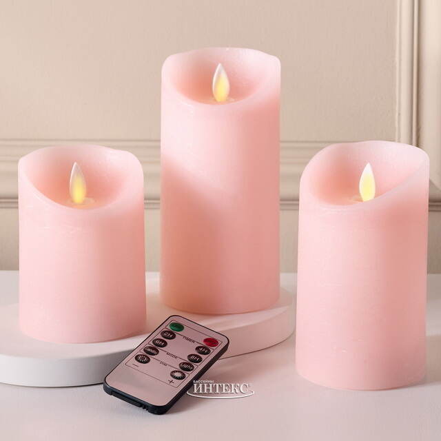 Набор свечей с имитацией пламени Флэйм 12-17 см, 3 шт, с пультом управления, коралловые, восковые Peha (Пеха)
