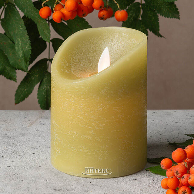 Светодиодная свеча с имитацией пламени 10 см, зеленая восковая, батарейка Peha (Пеха)