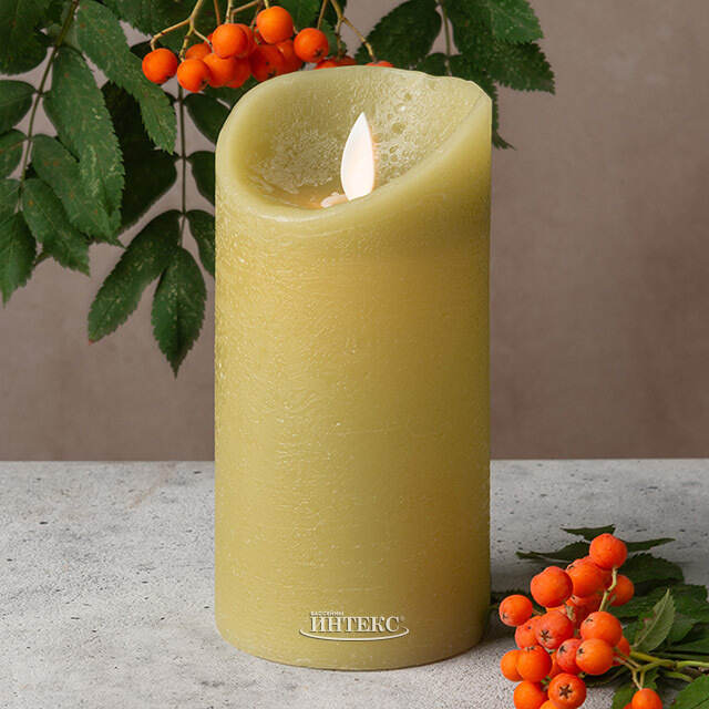 Светодиодная свеча с имитацией пламени 15 см, зеленая восковая, батарейка Peha