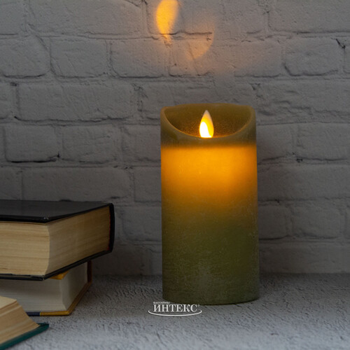 Светодиодная свеча с имитацией пламени 15 см, зеленая восковая, батарейка Peha