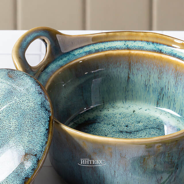 Керамическая кокотница с крышкой Астейн 17*7 см, 350 мл, синяя Koopman