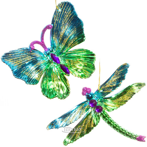 Набор елочных игрушек Бабочка и Стрекоза Фламанди 10-13 см, 2 шт лазурно-зеленый, подвеска Kurts Adler